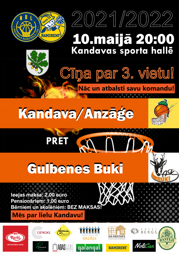 Ramirent Nacionālās basketbola līgas spēle: Kandava/Anzāģe - Gulbenes Buki