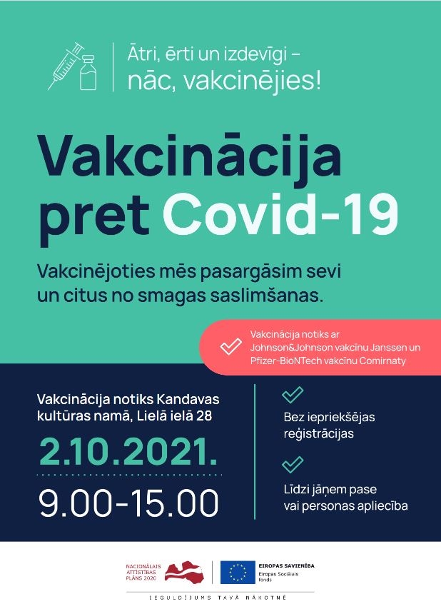 2.oktobrī Kandavā notiks izbraukuma vakcinācija pret Covid-19