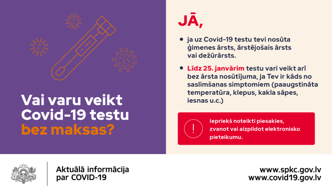 Covid-19 analīzes bez ārsta nosūtījuma varēs nodot līdz 25. janvārim
