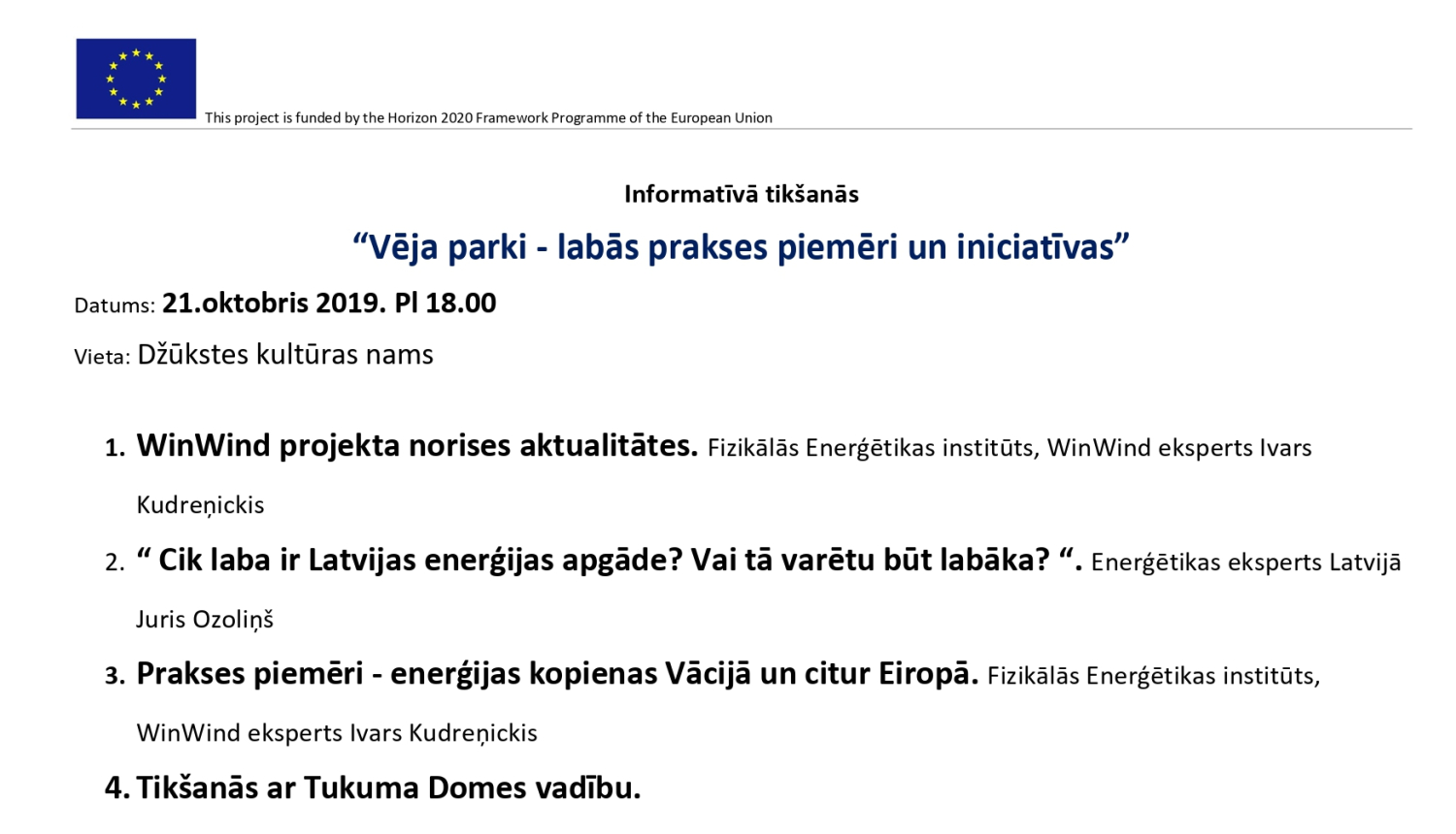 Aicina interesentus uz informatīvu tikšanos "Vēja parki - labās prakses piemēri un iniciatīvas"