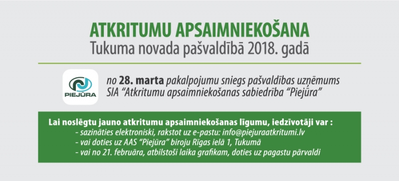 Aicinām iedzīvotājus pārslēgt sadzīves atkritumu apsaimniekošanas līgumus