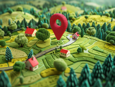 Ilustratīvs attēls: karte ar neīstiem kokiem, mājām ar sarkaniem jumtiem, lauku teritorijām un sarkanu vietas atzīmi.