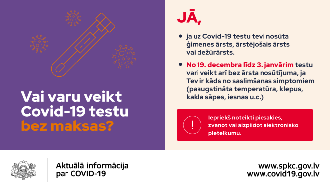 Nacionālais veselības dienests informē: Sākot ar 19. decembri tiek paplašinātas iespējas nodot Covid-19 analīzes