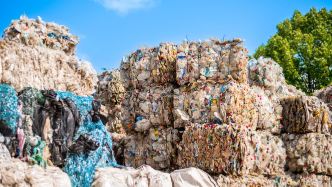 Plastmasa pudeļu kubi atkritumu poligonā
