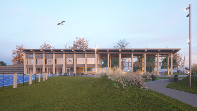 Engures stadiona vizualizācija - moderna celtne vasarīgā laikā