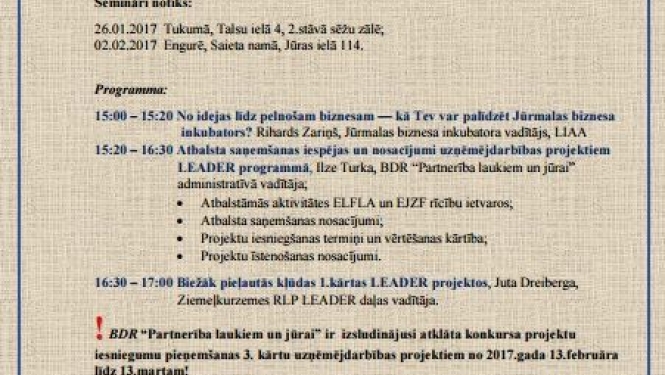 BDR "Partnerība laukiem un jūrai" aicina uz informatīvajiem semināriem