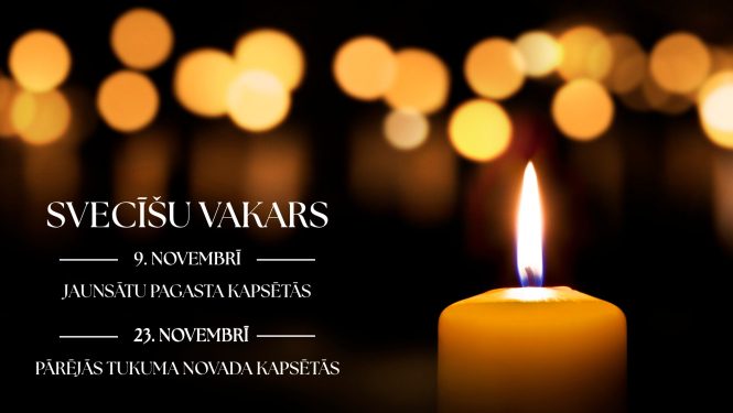 Tā pati informācija, kas tekstā uz melna fona ar fonā un blakus degošām baltām sveču liesmiņām