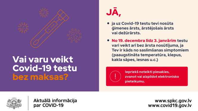 Nacionālais veselības dienests informē: Sākot ar 19. decembri tiek paplašinātas iespējas nodot Covid-19 analīzes