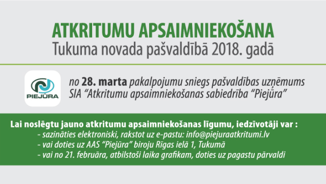 Aicinām iedzīvotājus pārslēgt sadzīves atkritumu apsaimniekošanas līgumus