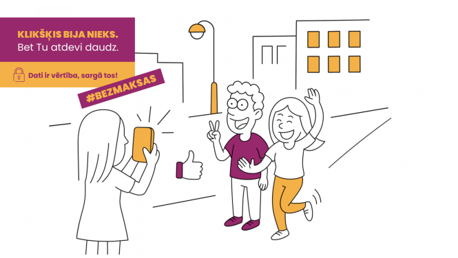 Karikatūra ar 3 personām - pāris pozē personai, kura fotografē