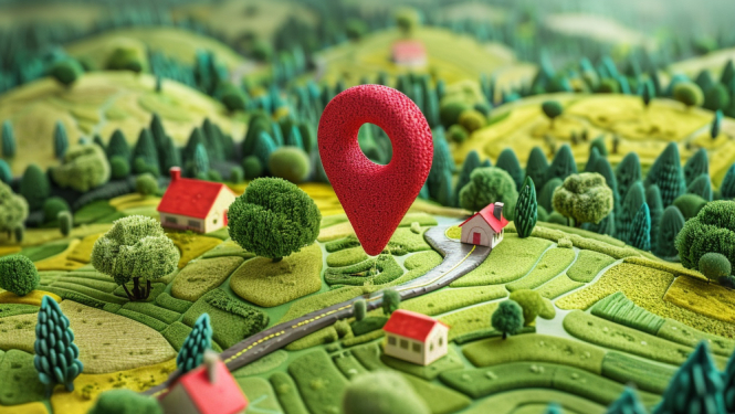 Ilustratīvs attēls: karte ar neīstiem kokiem, mājām ar sarkaniem jumtiem, lauku teritorijām un sarkanu vietas atzīmi.