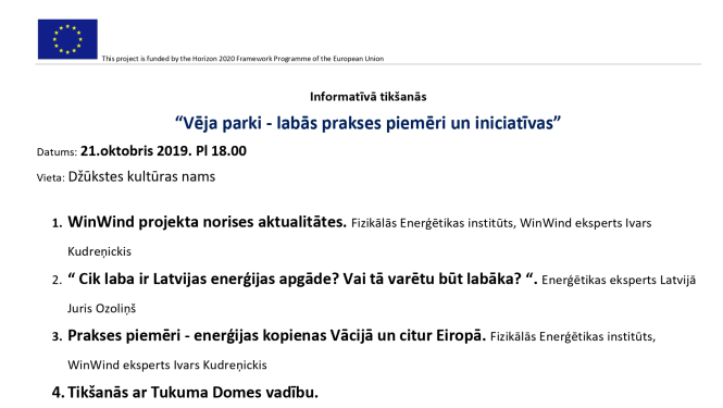 Aicina interesentus uz informatīvu tikšanos "Vēja parki - labās prakses piemēri un iniciatīvas"
