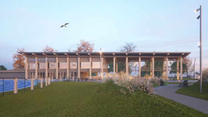 Engures stadiona vizualizācija - moderna celtne vasarīgā laikā