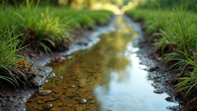 Mazs grāvis un zaļa zāle tam abās pusēs