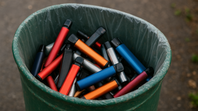 Neskaitāmas, krāsainas elektroniskās smēķēšanas iekārtas zaļā atkritumu tvertnē