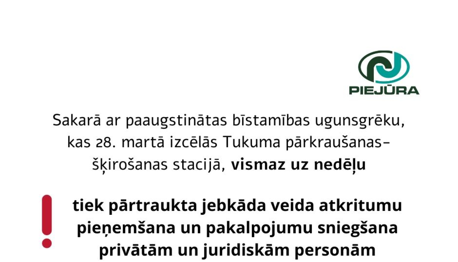 SIA “AAS “Piejūra”” Tukuma pārkraušanas-šķirošanas stacijā paaugstinātas bīstamības ugunsgrēks