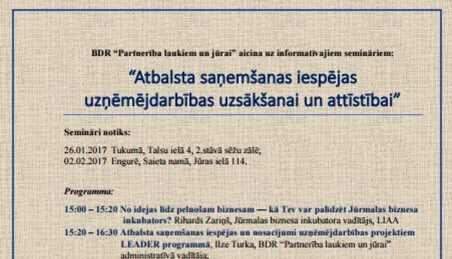 BDR "Partnerība laukiem un jūrai" aicina uz informatīvajiem semināriem