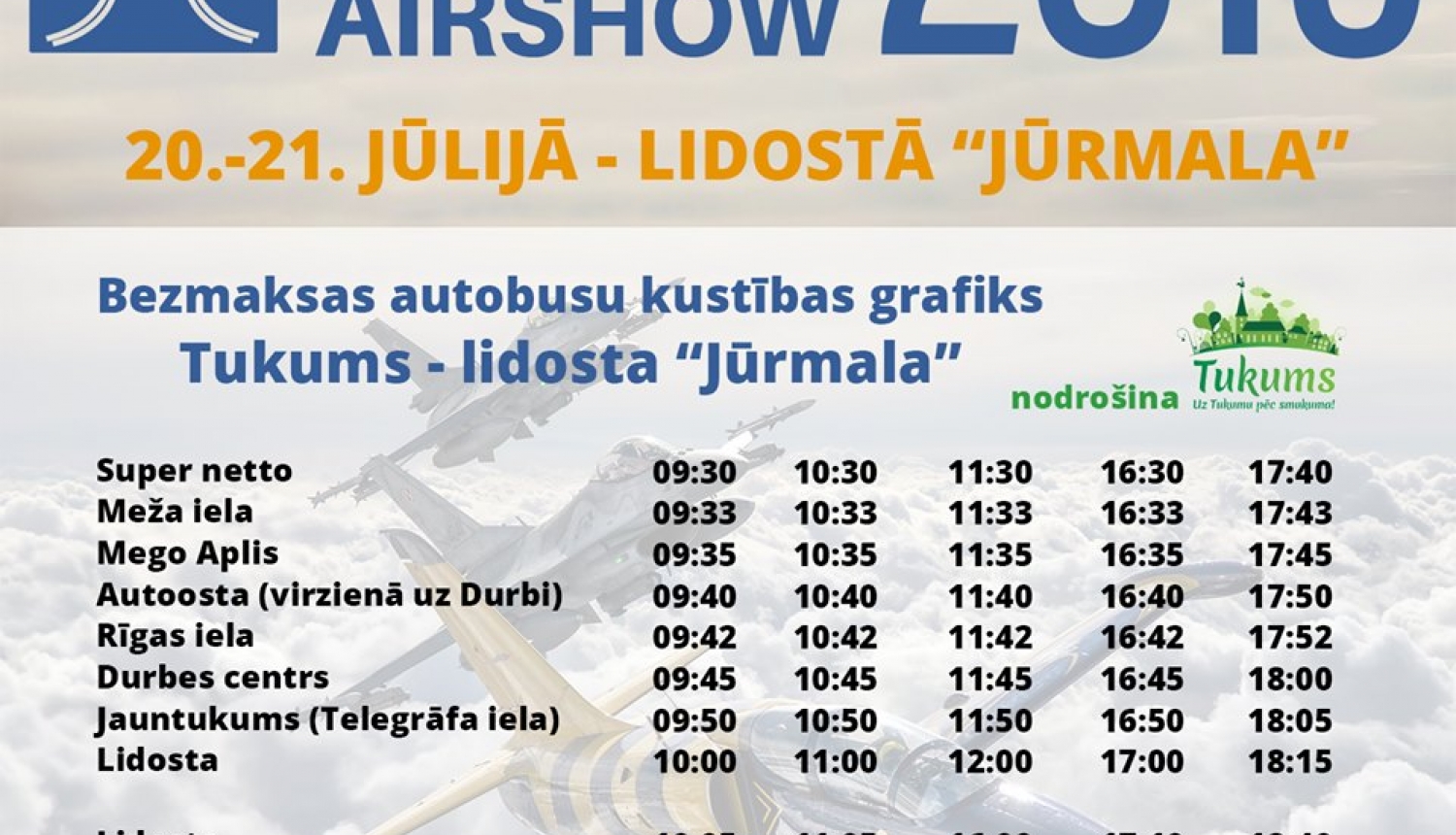 Autobusu kustības grafiks Tukums - Lidosta "Jūrmala"