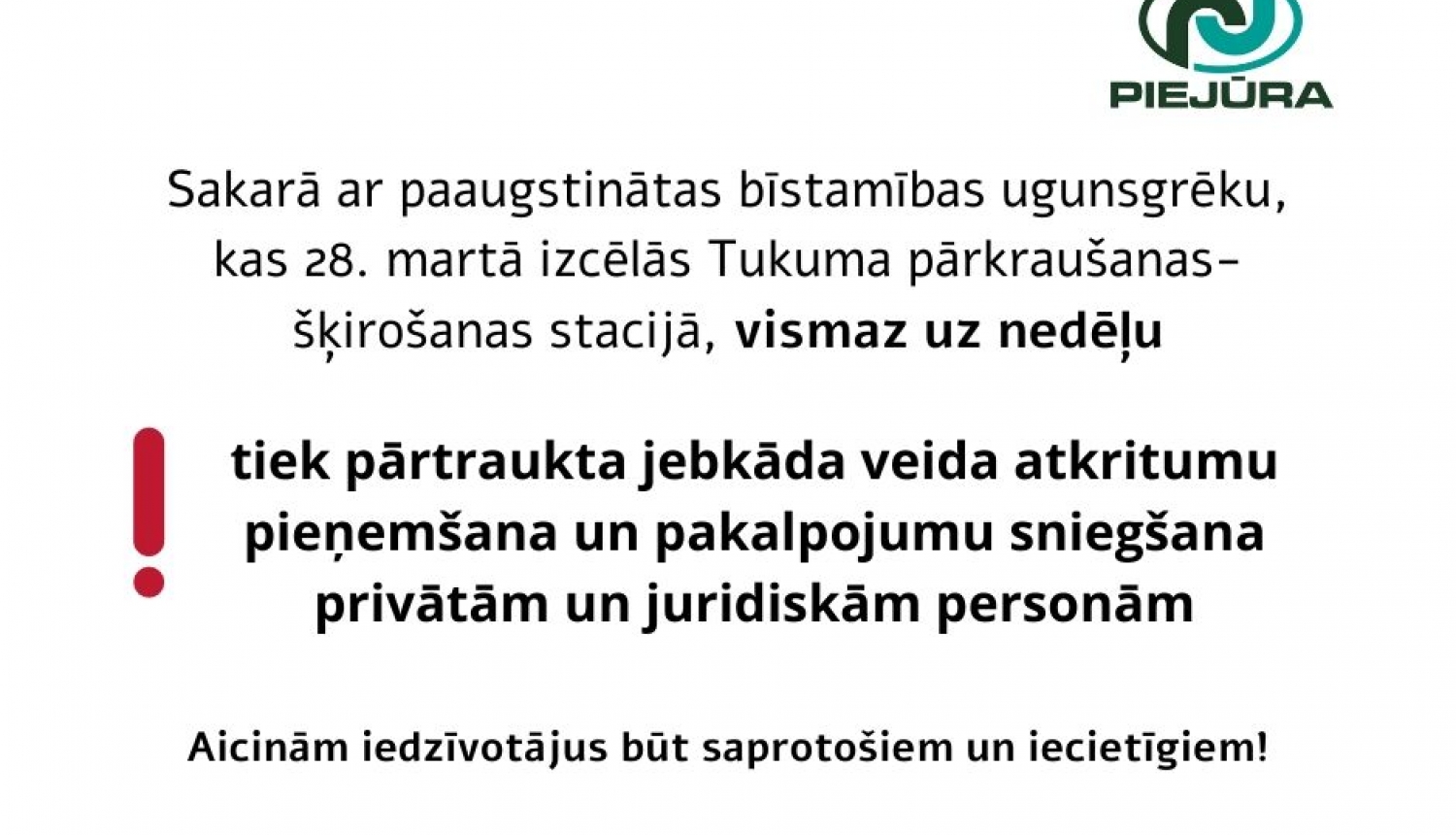 SIA “AAS “Piejūra”” Tukuma pārkraušanas-šķirošanas stacijā paaugstinātas bīstamības ugunsgrēks