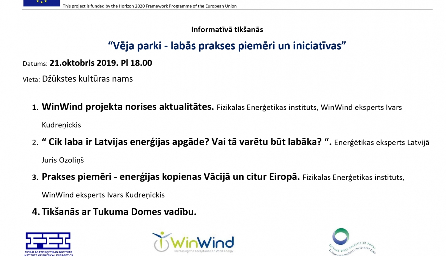 Aicina interesentus uz informatīvu tikšanos "Vēja parki - labās prakses piemēri un iniciatīvas"