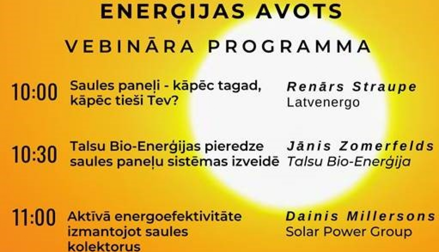 Aicinām uz vebināru "Saule-nākotnes enerģijas avots"